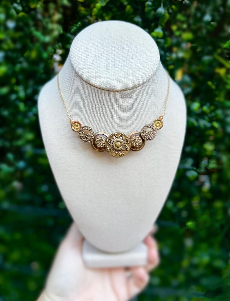 Vintage Brown Celluloid and Gold Brass Sunflower Button Necklace and