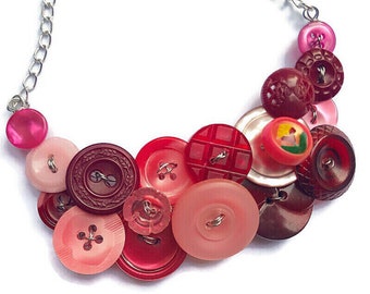 Crimson, Magenta, and Pink Vintage Button Necklace