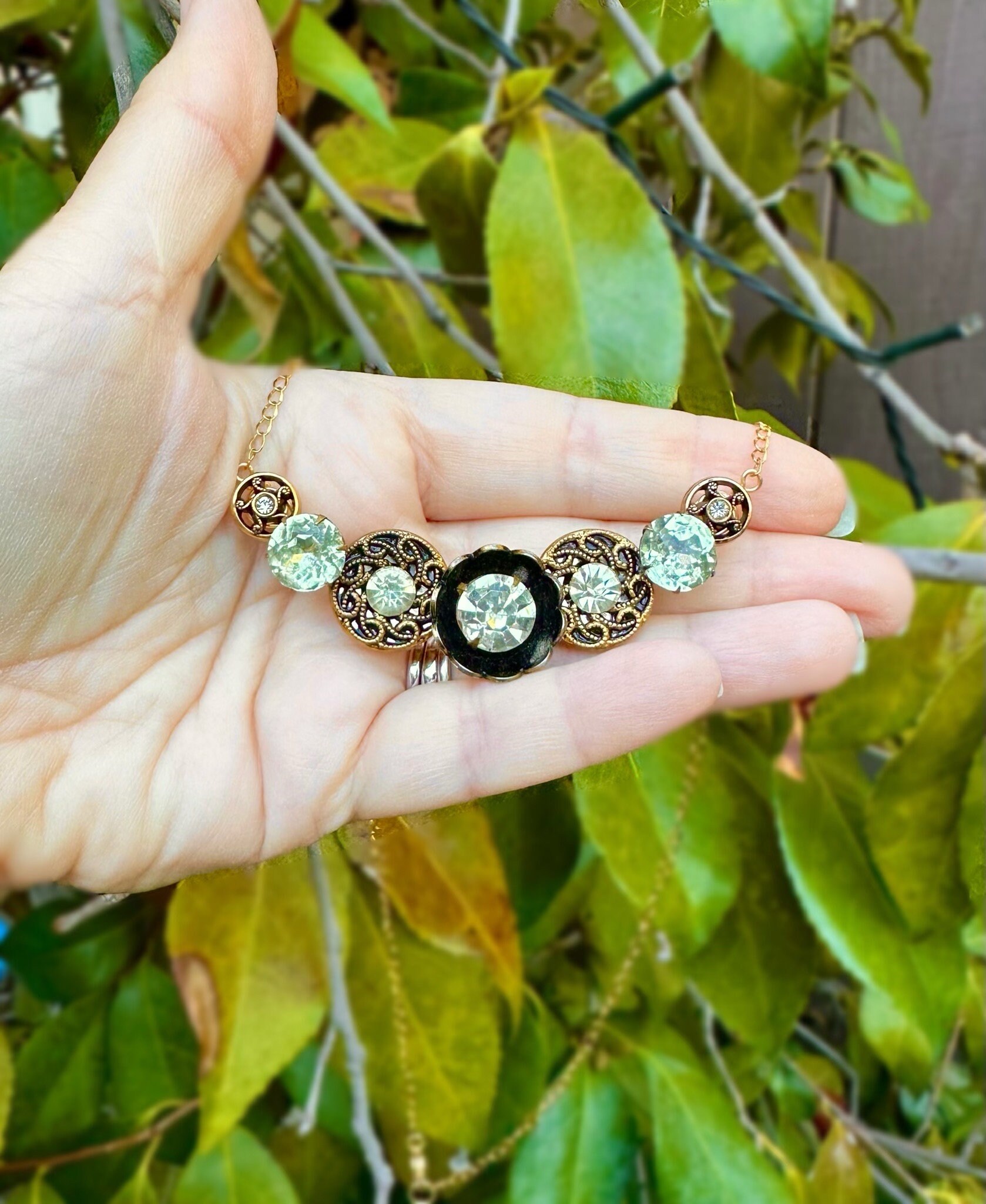 Vintage Gold Rhinestone Button Necklace with Gold Brass Chain