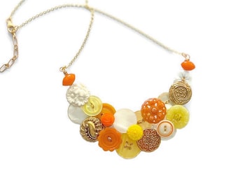 Orange, Yellow, White and Gold Button Necklace with Gold Necklace Chain