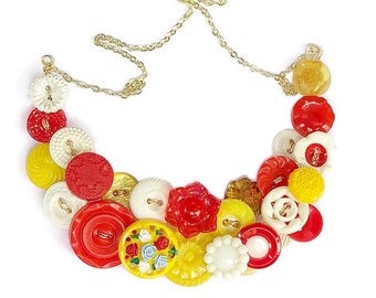 Red, Yellow, and White Vintage Button Necklace with Gold Plated Chain