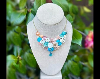 Vintage Turquoise Blue, Soft Pink, and White Flower Button Necklace with Gold Chain