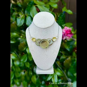 Vintage Tan and Brown Celluloid Button and Rhinestone Button Necklace with Silver Chain
