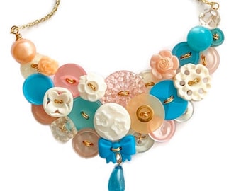 Turquoise Blue, Soft Pink, and White Vintage Button Necklace with Gold Plated Chain