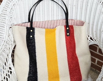 Vintage~~Hudson Bay Style~~Blanket Tote Bag~~Purse~~100% Wool Shell~~Handmade~~Size 14" W X 17" H Inches