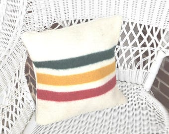 Vintage~~Hudson Bay Trapper Style~~Blanket Pillow~~Handmade~~100% Wool~~Cover Only~~14 x 14 Inches