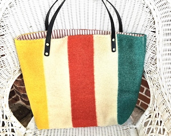 Vintage~~Hudson Bay Style~~Blanket Tote Bag~~Purse~~100% Wool Shell~~Handmade~~Size 20" W X 15" H Inches