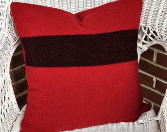 Vintage~~Hudson Bay Style Trapper~~Blanket Pillow Cover~~ 100% Wool ~~Handmade~~20 x 20 Inches~~Red