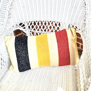 May include: A white wicker chair with a striped throw pillow in black, white, yellow, and red. The pillow is made of a soft, woven fabric.