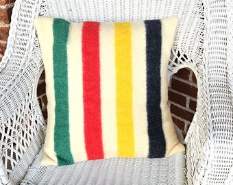 Vintage~~Hudson Bay Style Trapper~~Blanket Pillow Cover~~ 100% Wool ~~Handmade~~20 x 20 Inches~~