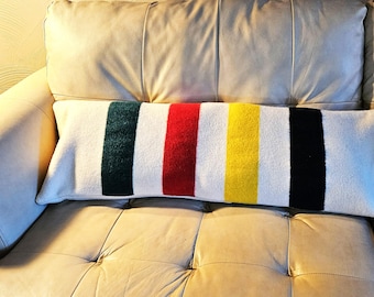 Vintage~~Bolster Pillow~~Hudson Bay~~Trapper Style~~Blanket Pillow Cover~~ 100% Wool~~Handmade~~36 x 14 Inches~~