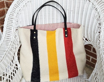 Vintage~~Hudson Bay Style~~Blanket Tote Bag~~Purse~~100% Wool Shell~~Handmade~~Size 20" W X 15" H Inches