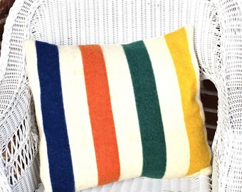 Vintage~~Hudson Bay Trapper Style~~Blanket Pillow~~Handmade~~100% Wool~~Cover Only~~20 x 20 Inches