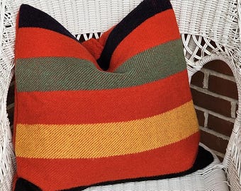 Vintage~~Hudson Bay Style Trapper~~Blanket Pillow Cover~~ 100% Wool ~~Handmade~~20 x 20 Inches~~Red Striped