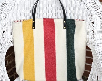 Vintage~~Hudson Bay Style~~Blanket Tote Bag~~Purse~~100% Wool Shell~~Handmade~~Size 20" W X 15" H Inches