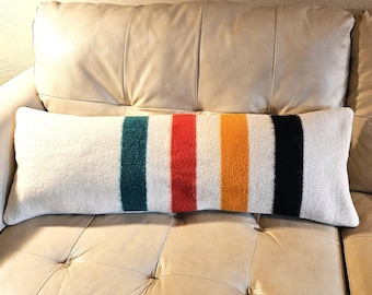 Vintage~~Bolster Pillow~~Hudson Bay~~Trapper Style~~Blanket Pillow Cover~~ 100% Wool~~Handmade~~36 x 14 Inches~~