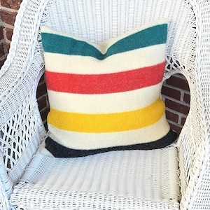 Vintage~~Hudson Bay Style Trapper~~Blanket Pillow Cover~~ 100% Wool ~~Handmade~~20 x 20 Inches~~