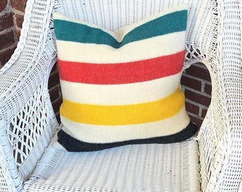 Vintage~~Hudson Bay Style Trapper~~Blanket Pillow Cover~~ 100% Wool ~~Handmade~~20 x 20 Inches~~