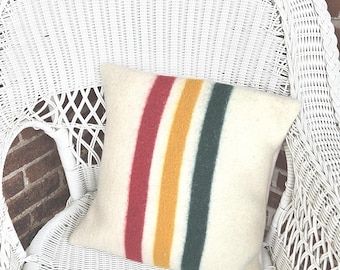 Vintage~~Hudson Bay Trapper Style~~Blanket Pillow~~Handmade~~100% Wool~~Cover Only~~20 x 20 Inches