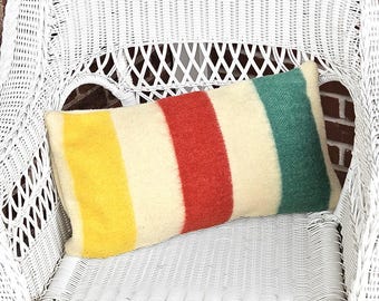 Vintage~~Hudson Bay Trapper Style~~Blanket Pillow Cover~~ 100% Wool~~Handmade~~22 x 12 Inches~~