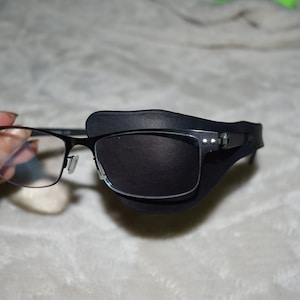 Leather eye patch to work with glasses will work for permanent use not touching the eye NEEDS glasses to work Black