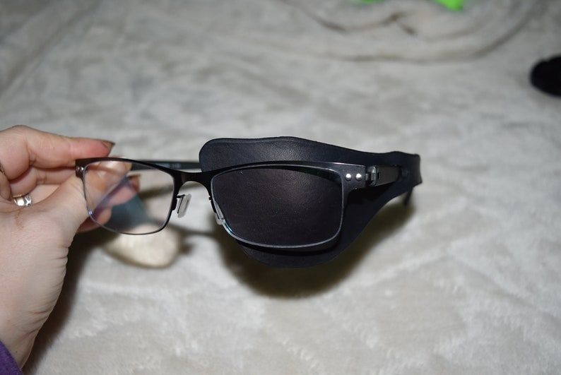 Leather eye patch to work with glasses will work for permanent use not touching the eye NEEDS glasses to work Black