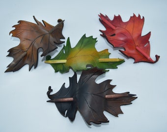 Oak leaf leather Hair stick, barrette. Oak leaf, leaves - One or two tone autumn leaves