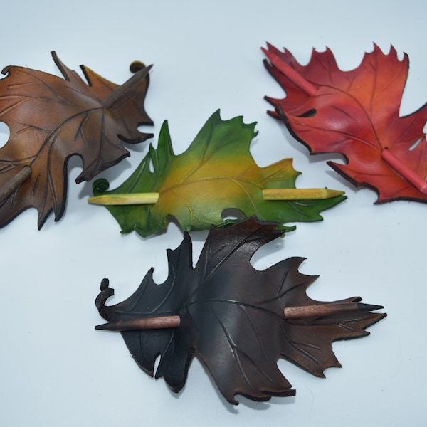 Oak leaf leather Hair stick, barrette. Oak leaf, leaves - One or two tone autumn leaves