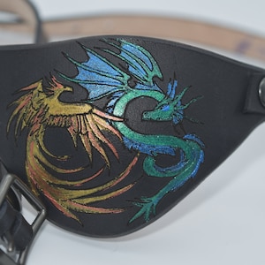Dragon and phoenix Leather eye patch with adjustable buckle for unisex - will work for permanent use not touching the eye