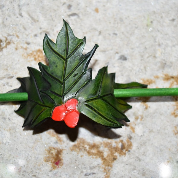 Leather Hair stick holly - Christmas hair stick