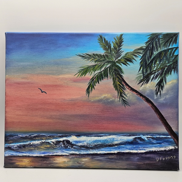 Tropical sunset beach painting - Landscape painting - small size oil painting - one of a kind original oil painting