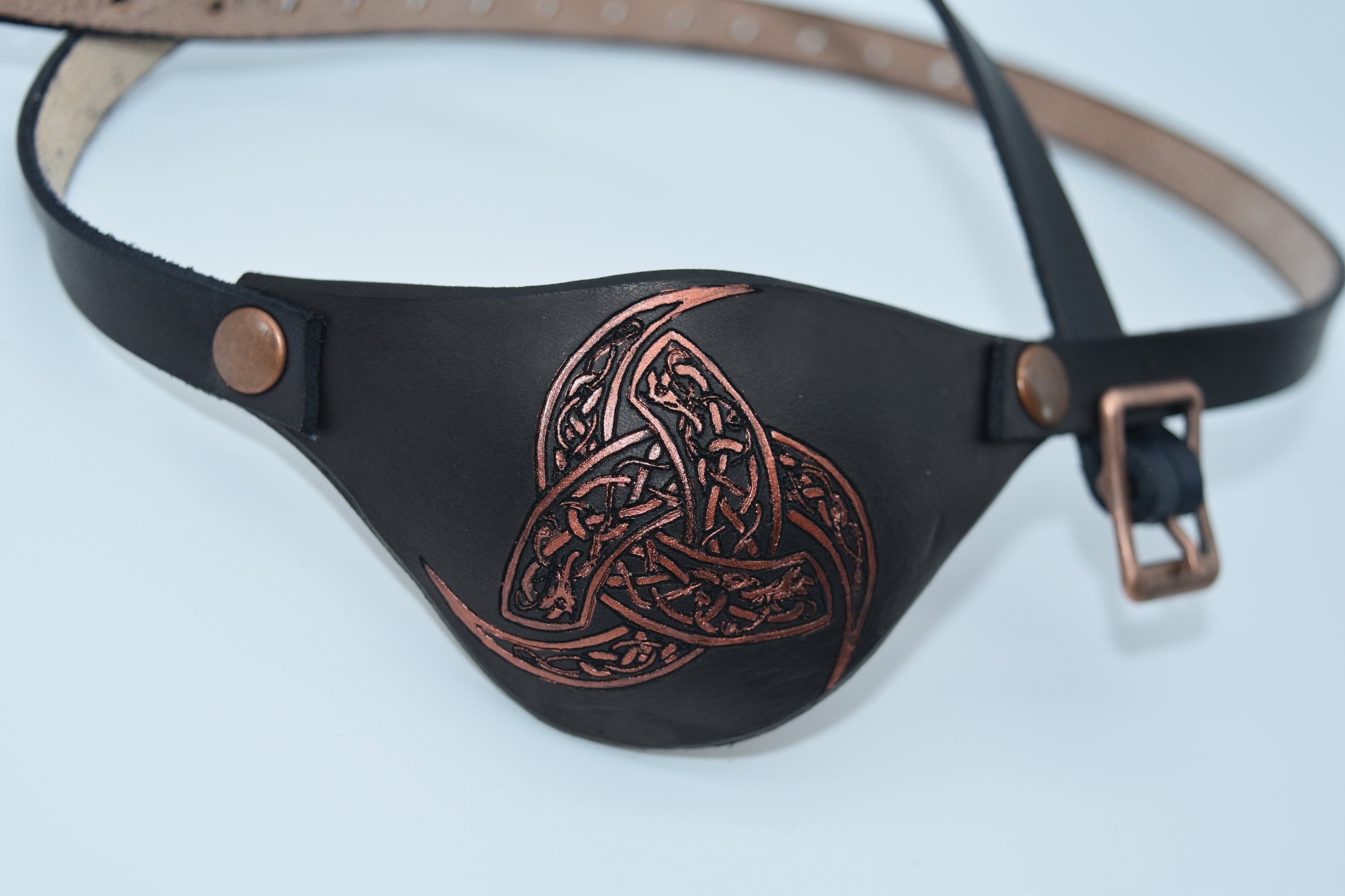 Celtic dragon tri horn, Leather eye patch with adjustable buckle for unisex - will work for permanent use not touching the eye
