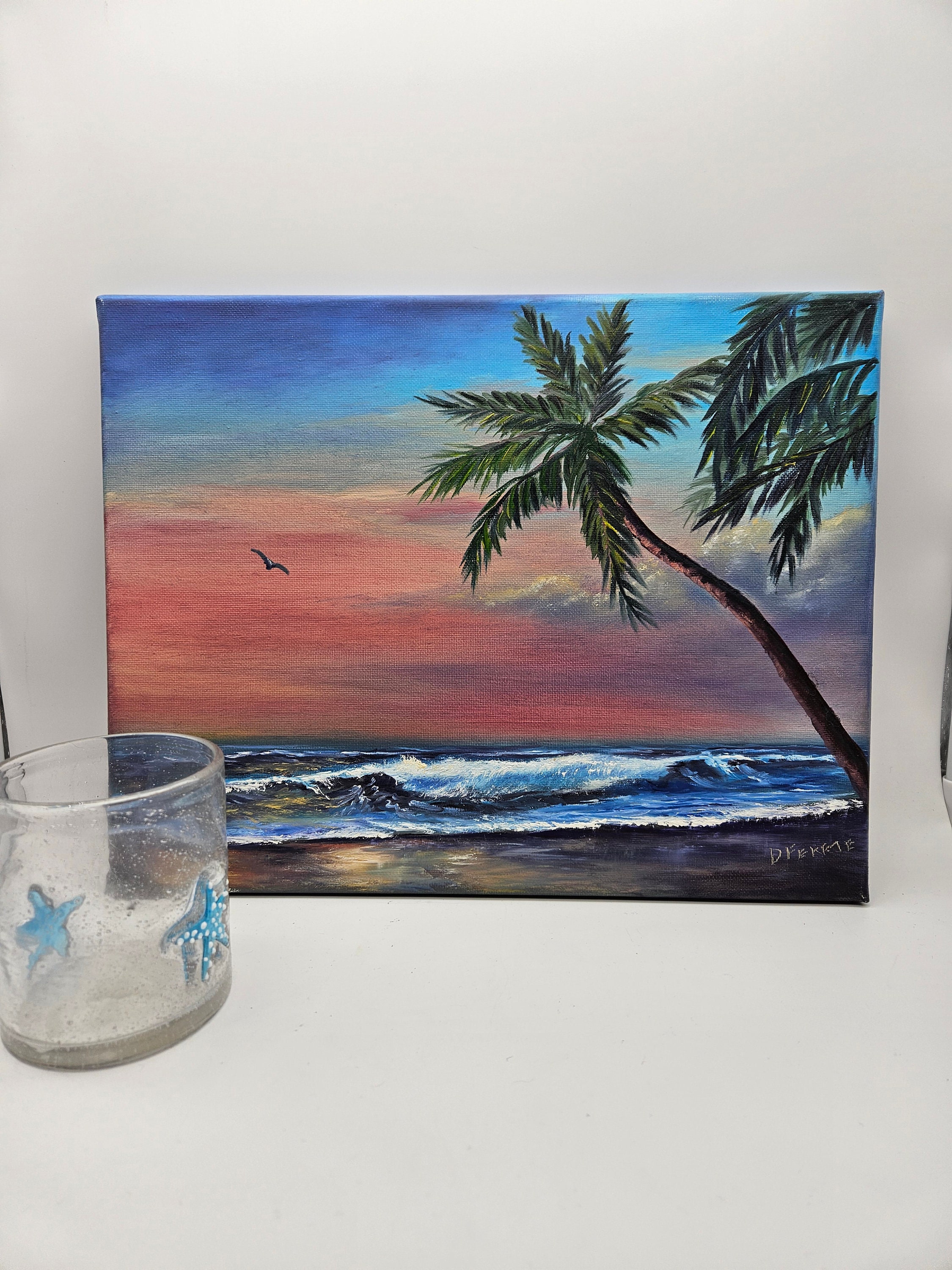 Tropical Sunset Beach Oil Painting - Original Palm Tree Landscape