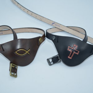 Leather eyepatch Christian cross OR Ichthus.  unisex - will work for permanent use not touching the eye