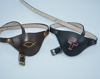 Leather eyepatch Christian cross OR Ichthus. Adjustable buckle Eye patch Will work for permanent use not touching or irritating the eye