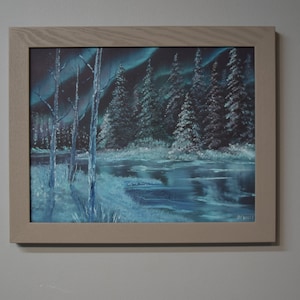 A snowbound forest and lake landscape painting - medium oil painting - one of a kind original oil painting