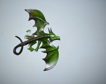 Green/black Leather dragon wall hanging or costume piece 9 inch wingspan - 3D wall art - this one available now