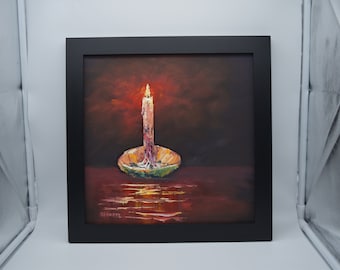 Candle oil painting, still life picture - small size oil painting - one of a kind original oil painting