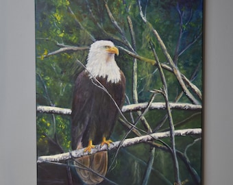 リアリズム 油彩 鷲 絵画 鷲のように立ち上がれオリジナル絵画、白頭鷲、オーロラと松林、青緑の