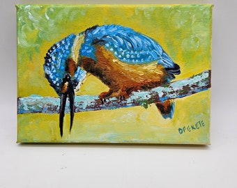 Blue kingfisher painting - small oil painting - one of a kind original oil painting