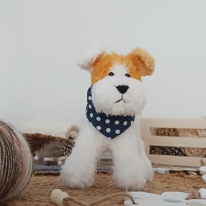 Plush knitted Terrier puppy – White with orange spots – standing dog toy with Polka dot bandana – Gift for dog lovers