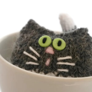 Cute stuffed animal cat lover gift, hand knitted tiny kitty cats dark grey