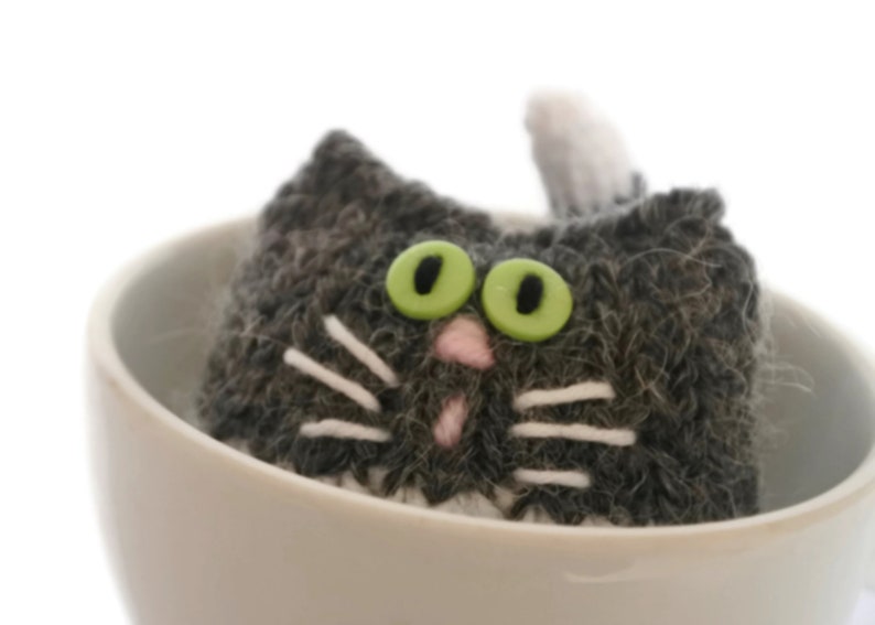 Cute stuffed animal cat lover gift, hand knitted tiny kitty cats dark grey