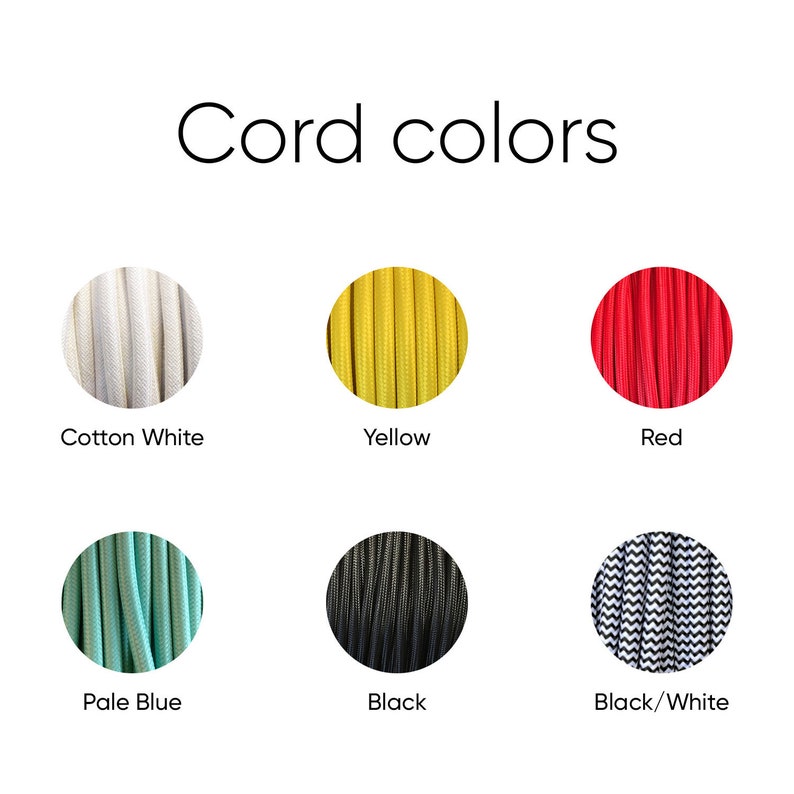 May include: Cord colors for electrical wiring. Options include cotton white, yellow, red, pale blue, black, and black and white.