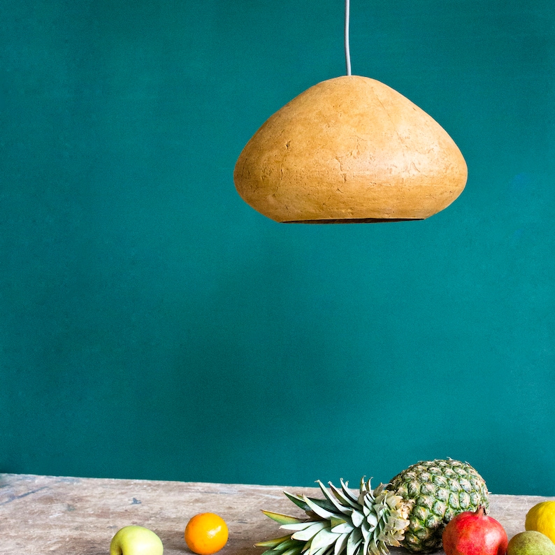 Minimalist yellow Lamp for Kitchen Island made of paper mache
