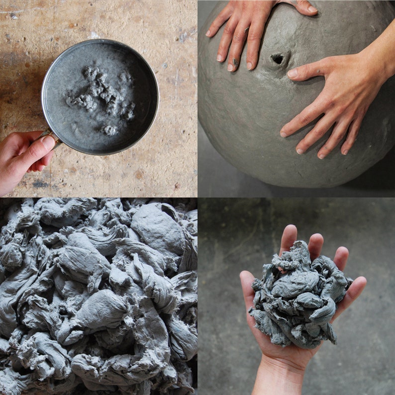 May include: A four-panel image showcasing the process of creating a gray, textured art piece. The panels depict a pot of gray material, a large spherical form being shaped, a pile of the material, and a handful of the material.