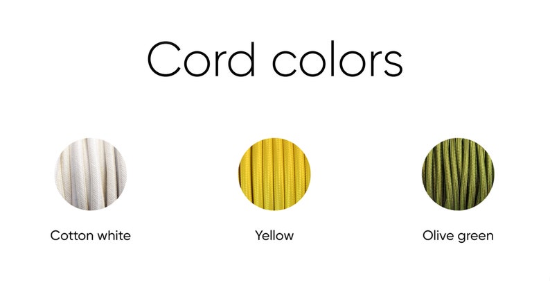 May include: Three cord samples in different colors: cotton white, yellow, and olive green.