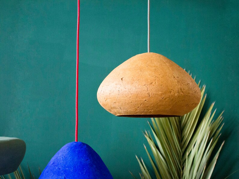 Minimalist yellow Lamp for Kitchen Island made of paper mache