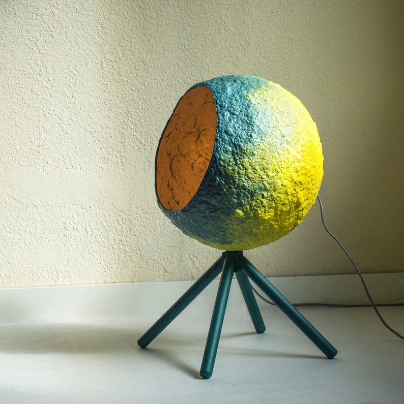 Rustic Floor Lamp Made Florm Paper Mache Shade And Wooden Legs Pluto Green