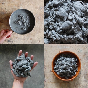May include: A collage of four images showing gray paper pulp in various stages. The pulp is in a pot, a pile, a hand, and a terracotta bowl. The pulp appears to be handmade and has a textured, organic appearance. The background is a light-colored wooden surface.